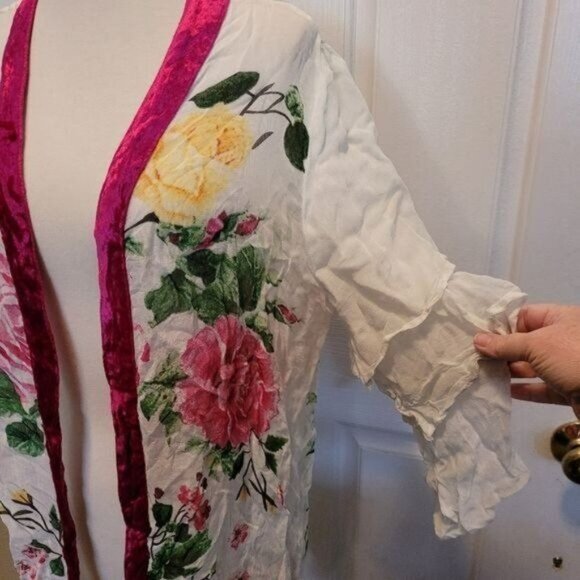 Embroidered Kimono open duster top floral Medium designer boho Soft Surroundings - Picture 3 of 9